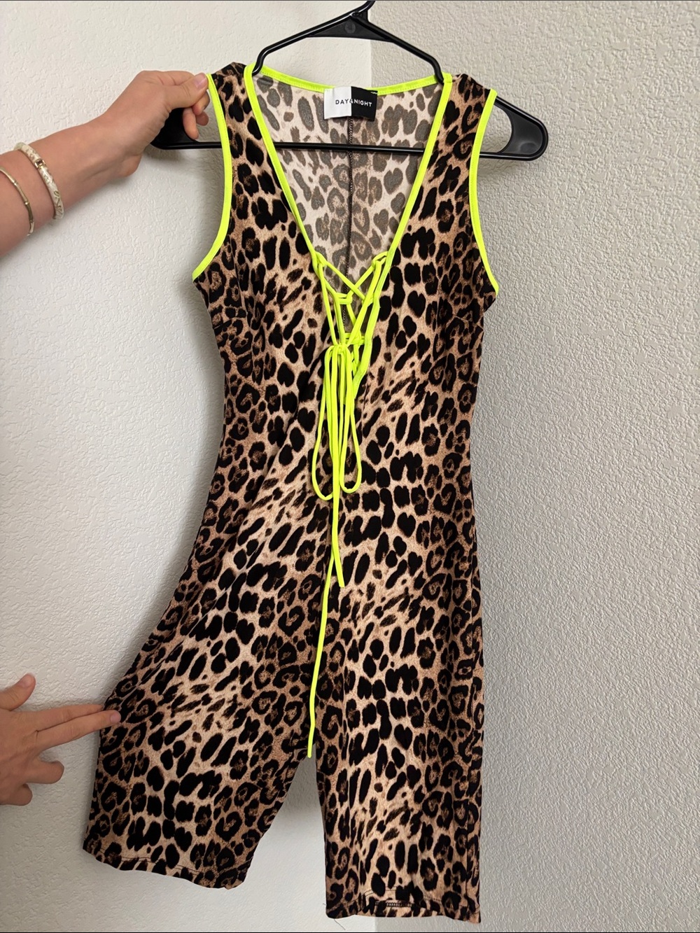 Leopard Print Lace-Up Bodysuit Romper with Neon Trim